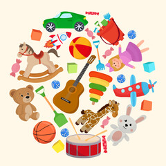 Circle frame with kid's toys and sweets childhood doll car plane pyramid ball rocking horse
