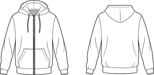 Full zip hoodie technical fashion flat sketch, long sleeve hooded sweatshirt, drawstring, kangaroo pocket, front and back, cad drawing flat vector © Khadija Creatives