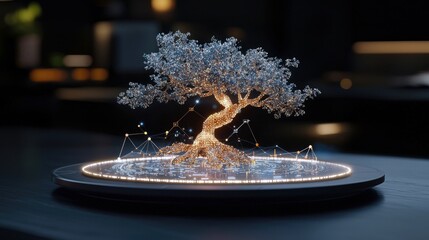 A stylized tree made of glowing digital particles sits on a circular platform with intricate circuit board patterns and network connections.