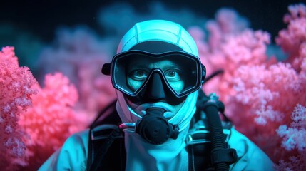 An underwater diver in a futuristic suit explores vibrant coral reefs, surrounded by glowing pink corals in a captivating marine environment.