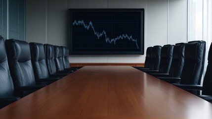 A sleek conference room featuring a long wooden table, black leather chairs, and a large screen displaying a fluctuating graph.