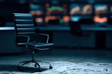 A sleek black office chair sits on scattered papers, illuminated by dim lights from a backdrop of blurred screens, creating a focused yet moody atmosphere.