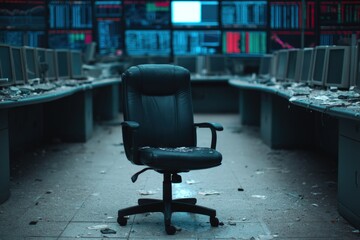 A dimly lit, abandoned office with a lone black chair amidst debris, surrounded by monitors displaying stock market data.