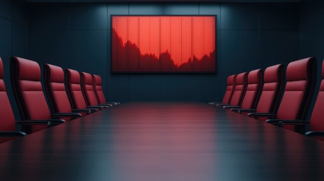 A modern conference room featuring a long table, red chairs, and a large screen displaying a downward trend in red tones. - Powered by Adobe