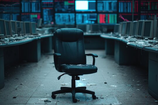 A dimly lit, abandoned office with a lone black chair amidst debris, surrounded by monitors displaying stock market data.