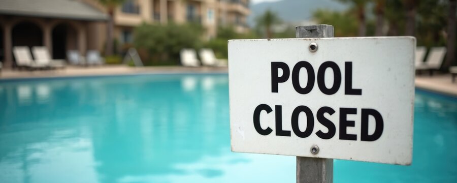 Pool closed sign near empty lounge chairs by turquoise water. Resort amenity unavailable for swimming. Vacation disappointment, seasonal restriction. End of summer. No entry.