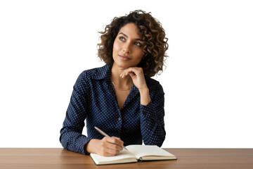 South Asian businesswoman planning ideas in notebook at desk, isolated on transparent background