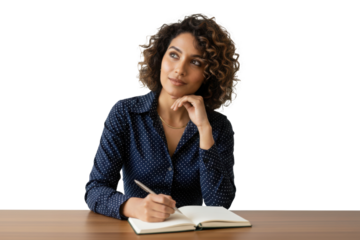 South Asian businesswoman planning ideas in notebook at desk, isolated on transparent background