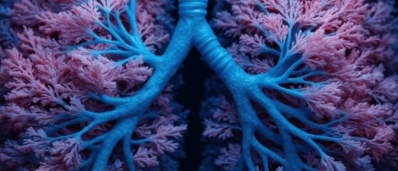 An artistic representation of lungs resembling coral, showcasing intricate blue and pink structures that blend nature and human anatomy.