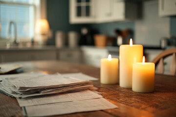 A cozy kitchen scene featuring glowing candles on a table with scattered papers, creating a warm and inviting atmosphere.