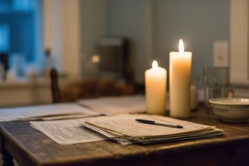 A cozy workspace featuring two candles illuminating a table with sheets of music and a pen, creating a warm and inviting atmosphere.