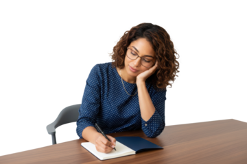 Thoughtful South Asian woman writing in a notebook at her desk, isolated on transparent background