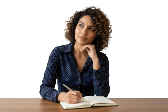 South Asian businesswoman planning ideas in notebook at desk, isolated on transparent background