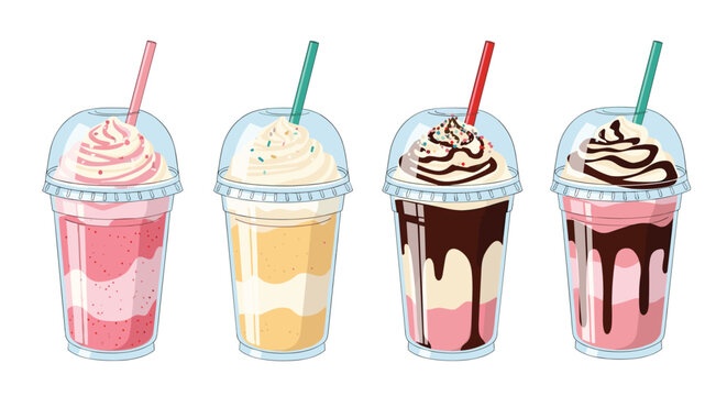 A vibrant assortment of refreshing milkshakes in clear plastic cups, each beautifully garnished with whipped cream, colorful sprinkles, and rich chocolate drizzles.