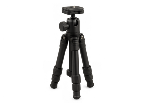 Black mini tripod providing stability for small cameras or mobile phones, essential portable accessory for photography and videography