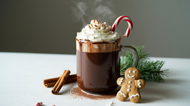 Steaming hot chocolate, whipped cream, candy cane - Powered by Adobe