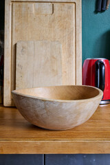 cutting boards and empty salad bowl