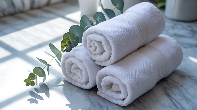Fresh white rolled towels and eucalyptus on marble