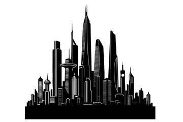 Fototapeta premium Stylized white line art cityscape silhouette of futuristic skyscrapers against a solid black background creating a modern urban landscape