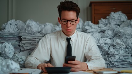 A focused young man in a white shirt and tie sits at a desk, surrounded by crumpled papers, using a calculator and phone.