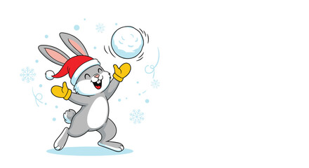 Fototapeta premium A cheerful gray rabbit wearing a red Santa hat and yellow mittens joyfully plays with a snowball, surrounded by snowflakes on a white background, symbolizing winter and holiday fun.