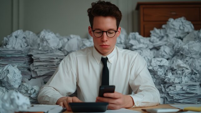 A focused young man in a white shirt and tie sits at a desk, surrounded by crumpled papers, using a calculator and phone.