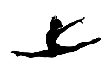 Dynamic black silhouette of a female gymnast performing a split leap with arms extended gracefully against a white background