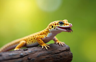 Obraz premium Spotted leopard gecko rests on wood branch with insect in mouth. Reptile has yellow skin with dark spots and large eyes. It is eating its prey in a natural outdoor setting with soft green background.