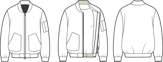 Zip up bomber jacket technical fashion flat sketch, front open and back view, sleeve pocket, cad drawing flat vector © Khadija Creatives