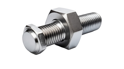 Close up of a shiny metal bolt with a nut and a white cap on a dark background studio shot