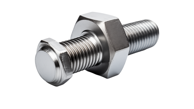 Close up of a shiny metal bolt with a nut and a white cap on a dark background studio shot