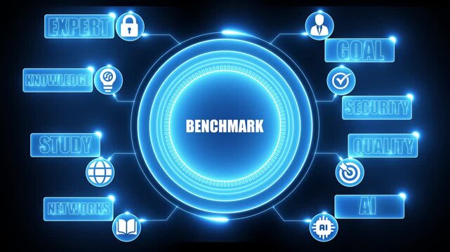 Digital infographic of business benchmark with icons and text