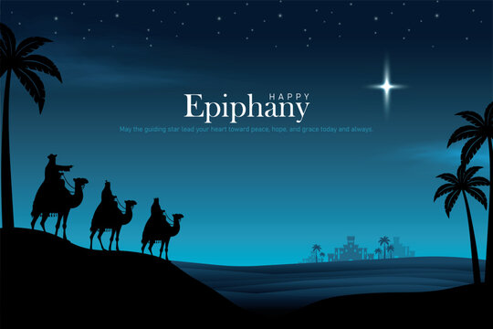 Three wise men silhouette in desert following glowing star. Happy epiphany day vector illustration.