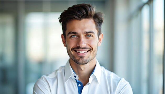 Young man with blue eyes wears white collared shirt, smiles warmly. He has neat hair and stubble, looking confident and approachable. Office interior blurred background.