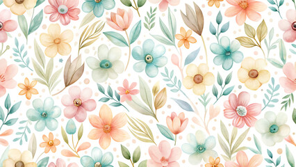 Delicate watercolor floral pattern with soft pastel hues of pink peach mint green and yellow blossoms and leaves on a white background