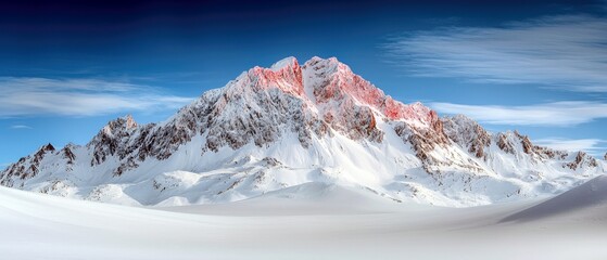 A panoramic view of a snow-covered mountain range under a clear blue sky, with the peaks illuminated by the warm glow of sunrise.