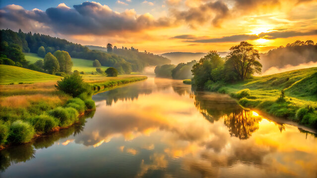 Serene river valley at sunrise with golden light illuminating rolling hills and misty atmosphere