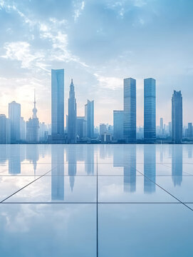 Modern architecture, city skyline, and technology grid background