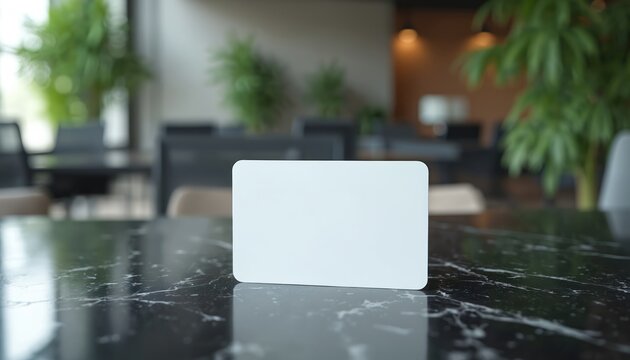 Blank white card sits on black marble table in modern office setting. Office chairs and plants visible in background. Great for product mockups, branding, or design.
