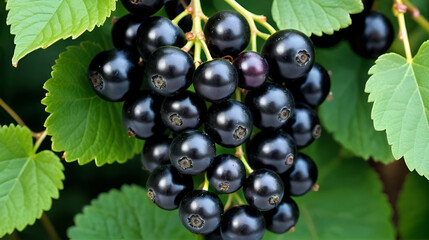 Ripe black currant berries on a full frame as a background. Concept organic gardening.