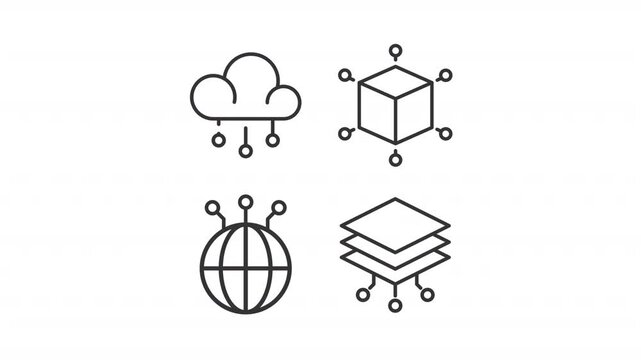 AI networks ui icons line animation set. Data cloud, blockchain and global communications. Artificial intelligence system animated user interface elements isolated on white. Alpha channel HD video