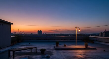 Rooftop retreat with cityscape silhouette under twilight luminescence