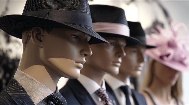 Profile view of mannequins wearing hats and suits, showcasing fashion and style in a shop display. - Powered by Adobe