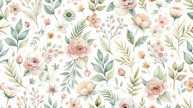 Delicate watercolor floral pattern with soft blush pink roses and muted green foliage creating a romantic and whimsical seamless background