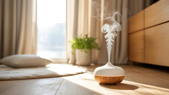 Modern diffuser emitting steam in cozy home interior