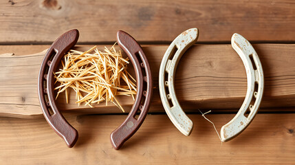 Two old rusty horseshoes with straw on vintage wooden board