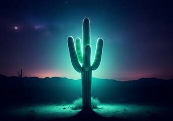 Surreal night landscape featuring a glowing Saguaro Cactus silhouette