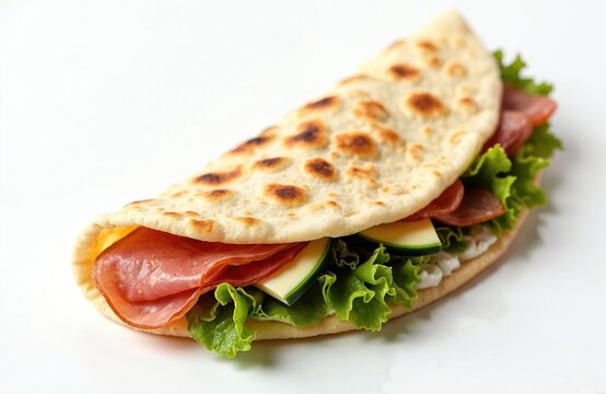 Folded Italian flatbread piadina filled with prosciutto lettuce cheese and cream. Foodstuff is on white table. Delicious piadina romagnola street food.