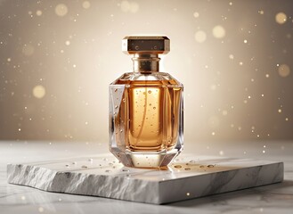 perfume bottle on marble slab, golden rim light, high-end commercial style 2
