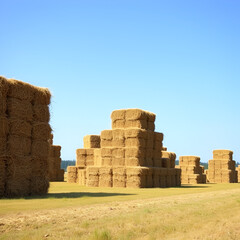 Large stacks of hay stacked on top of each other in a field.